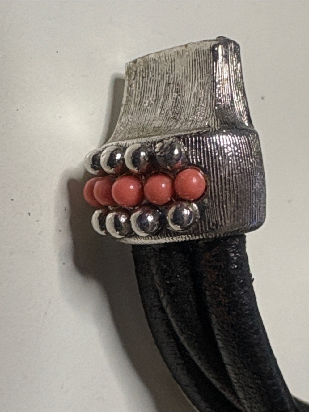 Black Leather Bracelet with Coral Accent and Silver-Tone Detailing - Picture 5 of 7